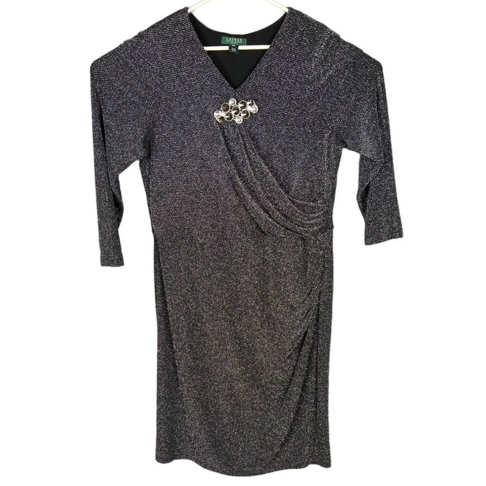 LAUREN Ralph Lauren Silver Faux Wrap Ruched Vneck Long Sleeve Midi Dress Sz 20W